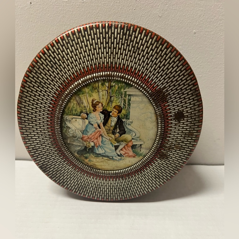 Antique Round Cookie Tin With Victorian Couple Textured 7.5" Metal